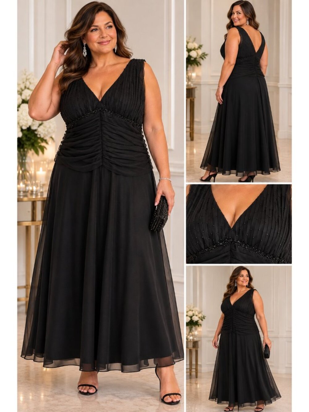 JS Boutique Dress Women’s 22 Black Beaded Ruched V Neck Formal Evening Gown NWT